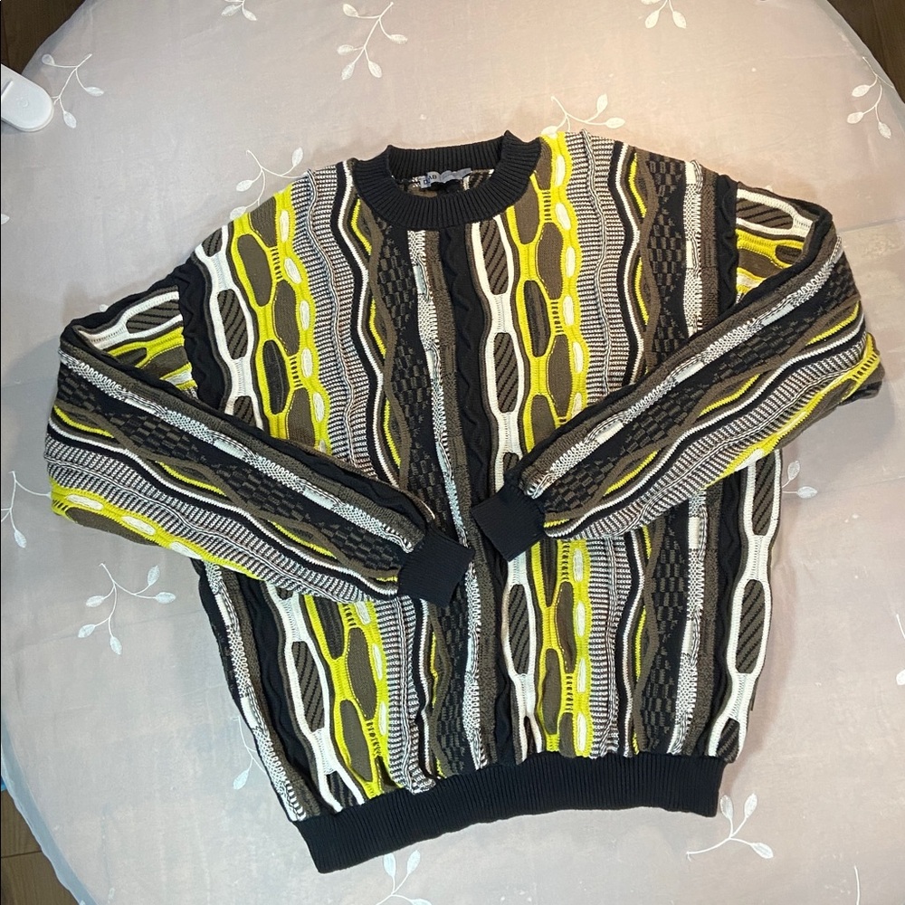 Multicolor DJAB Patterned Men's Crewneck Sweater Large 3D Chunky Knit Grandpa